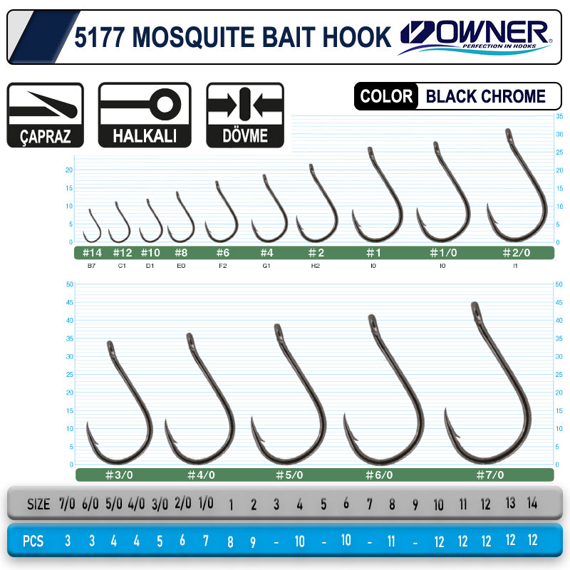Owner 5177 Mosquito Hook Black Chrome Çipura İğnesi
